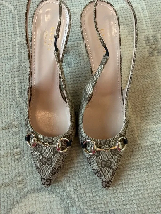 Gucci Brown GG Canvas Horsebit Slingback Heels - Picture 6 of 6
